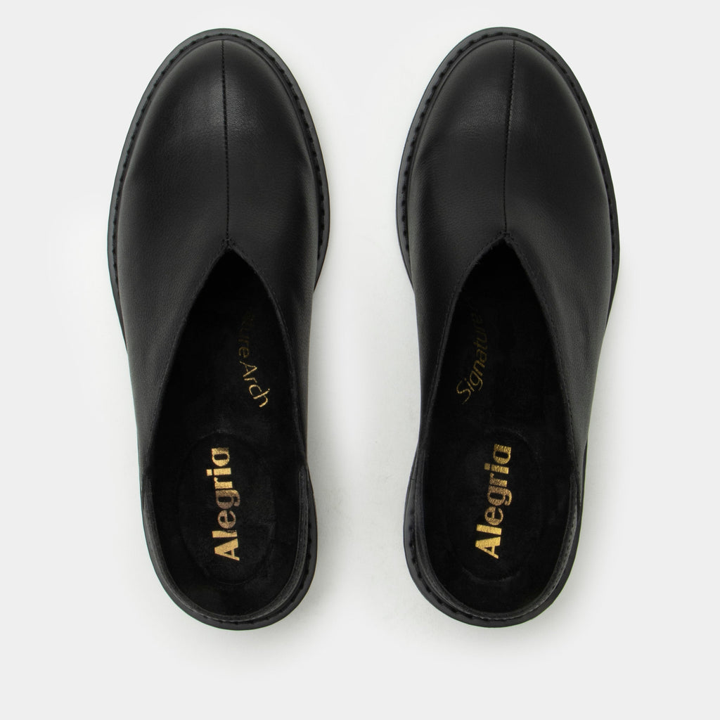 Michy Black Bird Shoe on a Trimform heel outsole| Black leather slip on shoe.