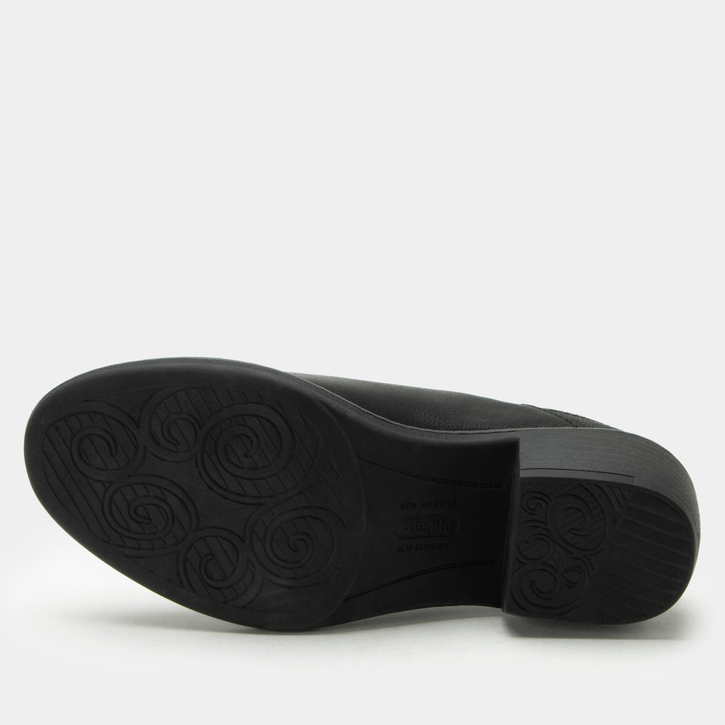 Michy Black Bird Shoe on a Trimform heel outsole| Black leather slip on shoe.