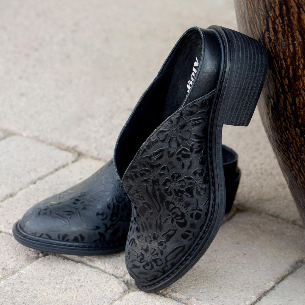 Michy Loretta Crow Shoe on a Trimform heel outsole| Floral embossed black leather slip on shoe.