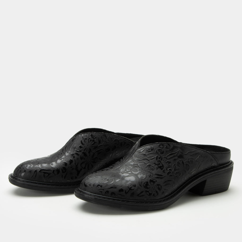 Michy Loretta Crow Shoe on a Trimform heel outsole| Floral embossed black leather slip on shoe.