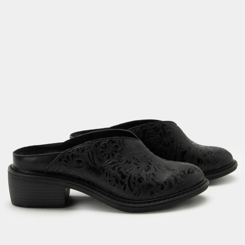 Michy Loretta Crow Shoe on a Trimform heel outsole| Floral embossed black leather slip on shoe.