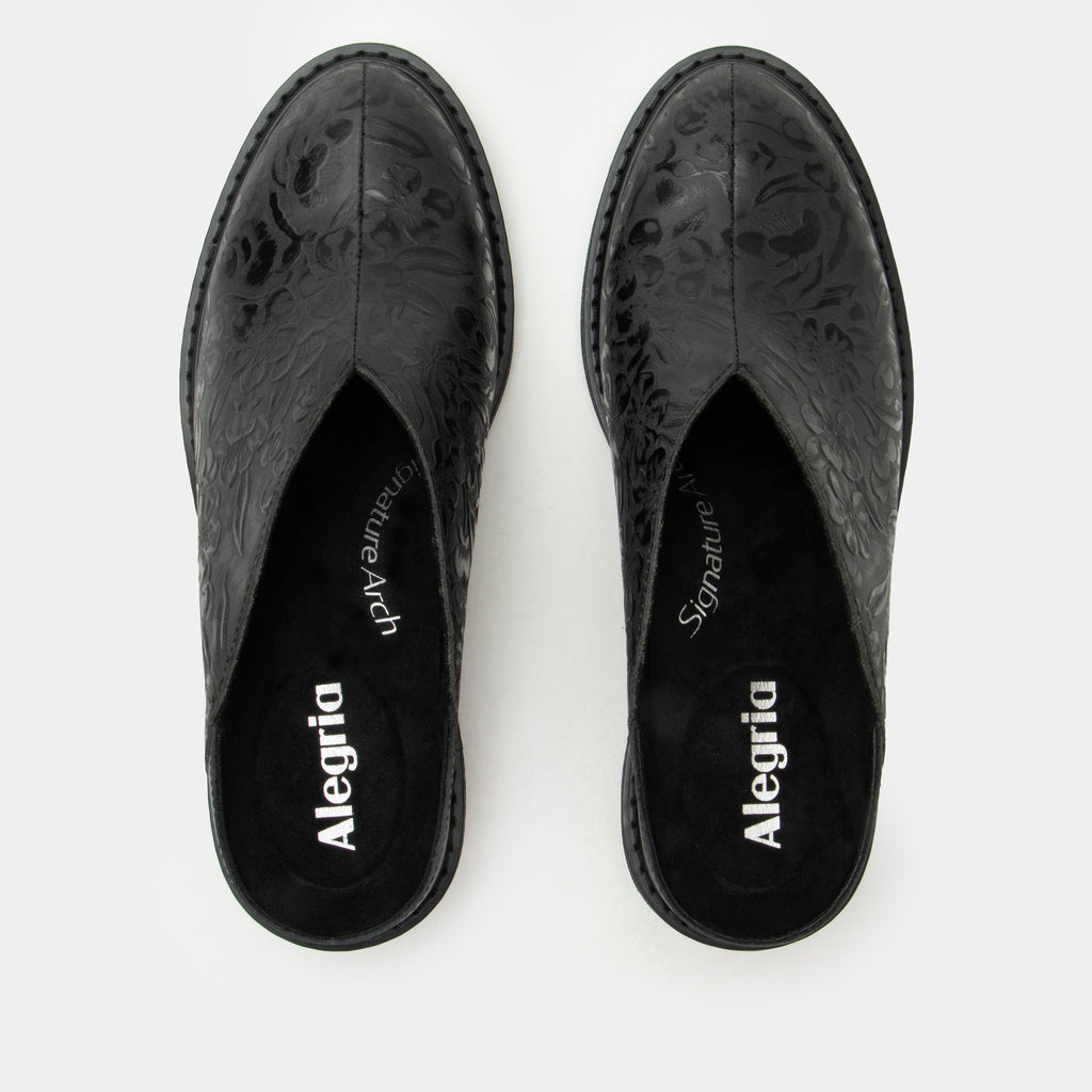 Michy Loretta Crow Shoe on a Trimform heel outsole| Floral embossed black leather slip on shoe.