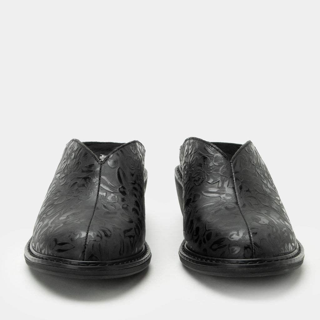 Michy Loretta Crow Shoe on a Trimform heel outsole| Floral embossed black leather slip on shoe.