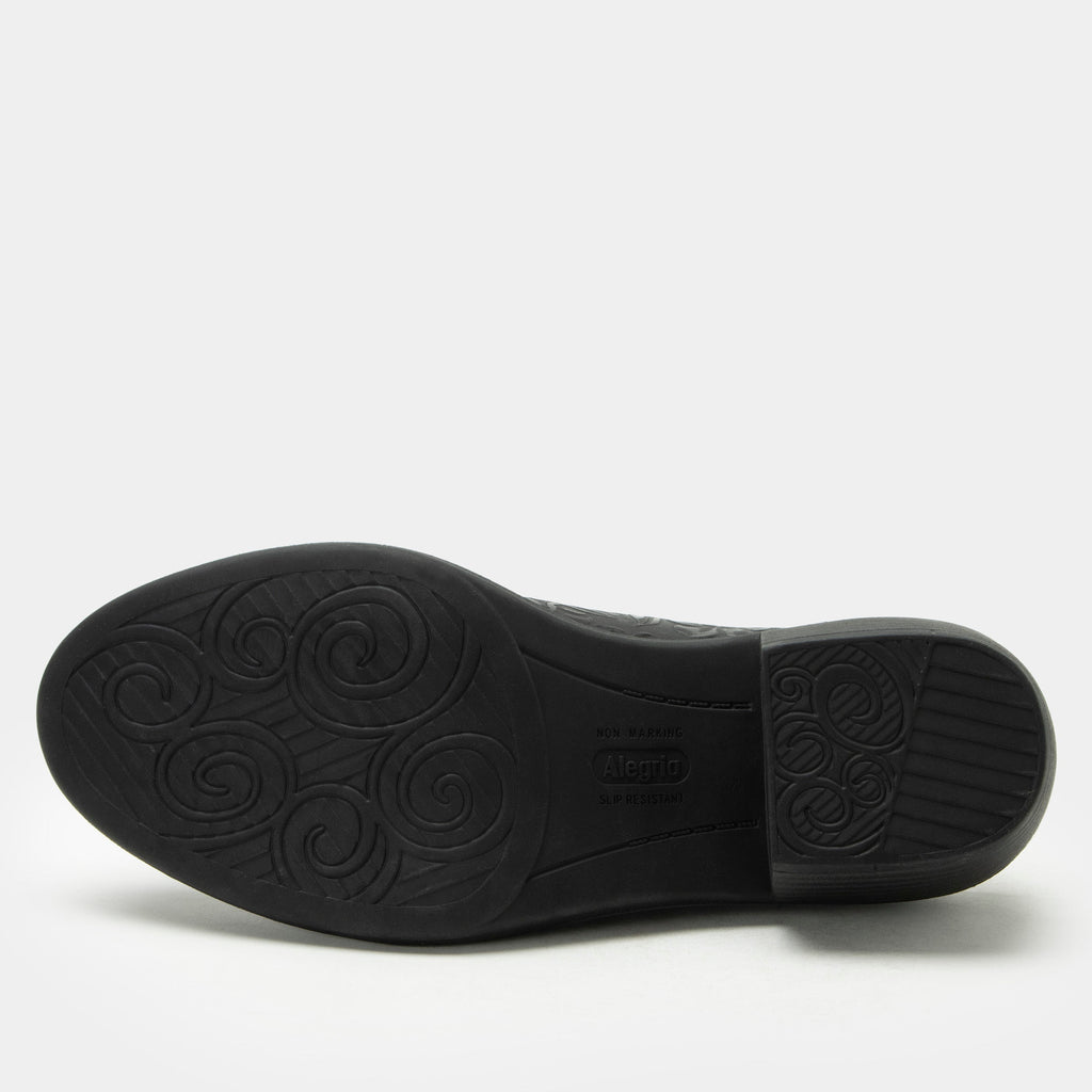 Michy Loretta Crow Shoe on a Trimform heel outsole| Floral embossed black leather slip on shoe.