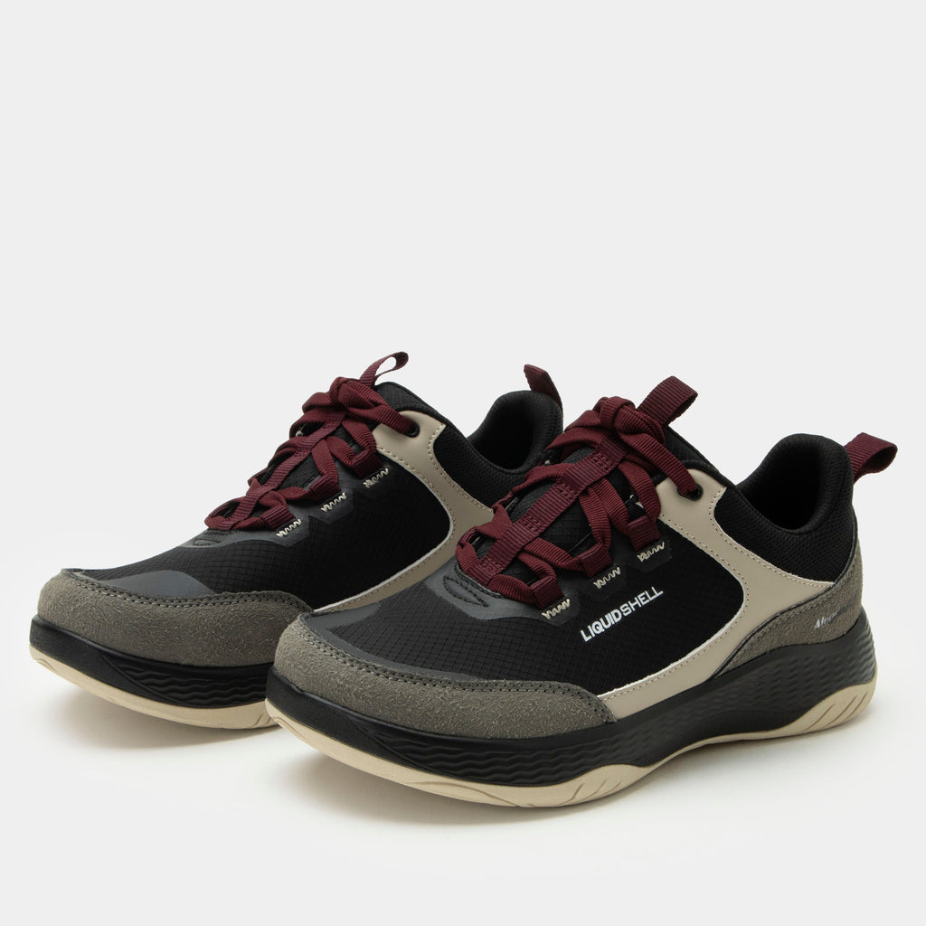 Motov8 Raven shoe on a Ergo Flo outsole. | Black multi colored lace up shoe with burgundy laces on water repelling Liquid Shell™ uppers.