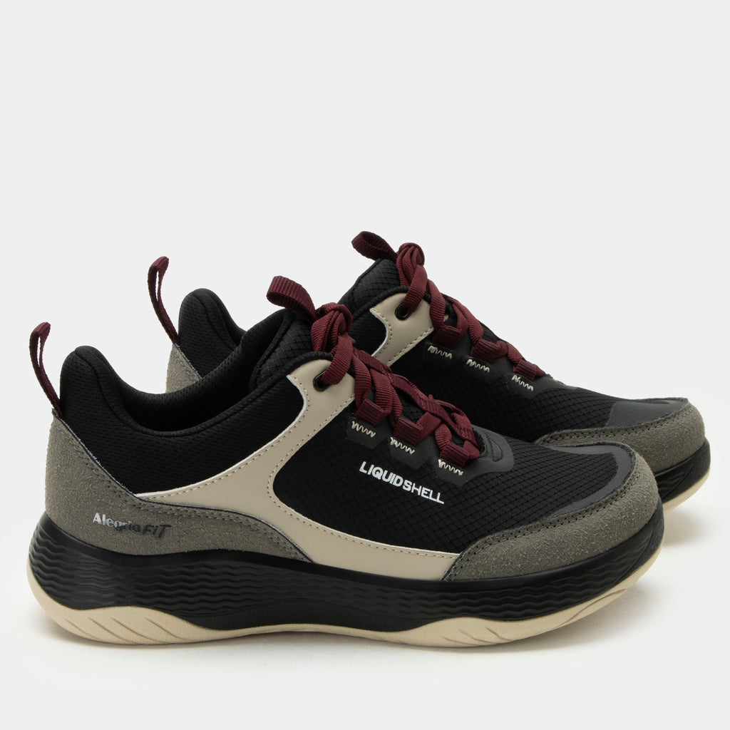 Motov8 Raven shoe on a Ergo Flo outsole. | Black multi colored lace up shoe with burgundy laces on water repelling Liquid Shell™ uppers.