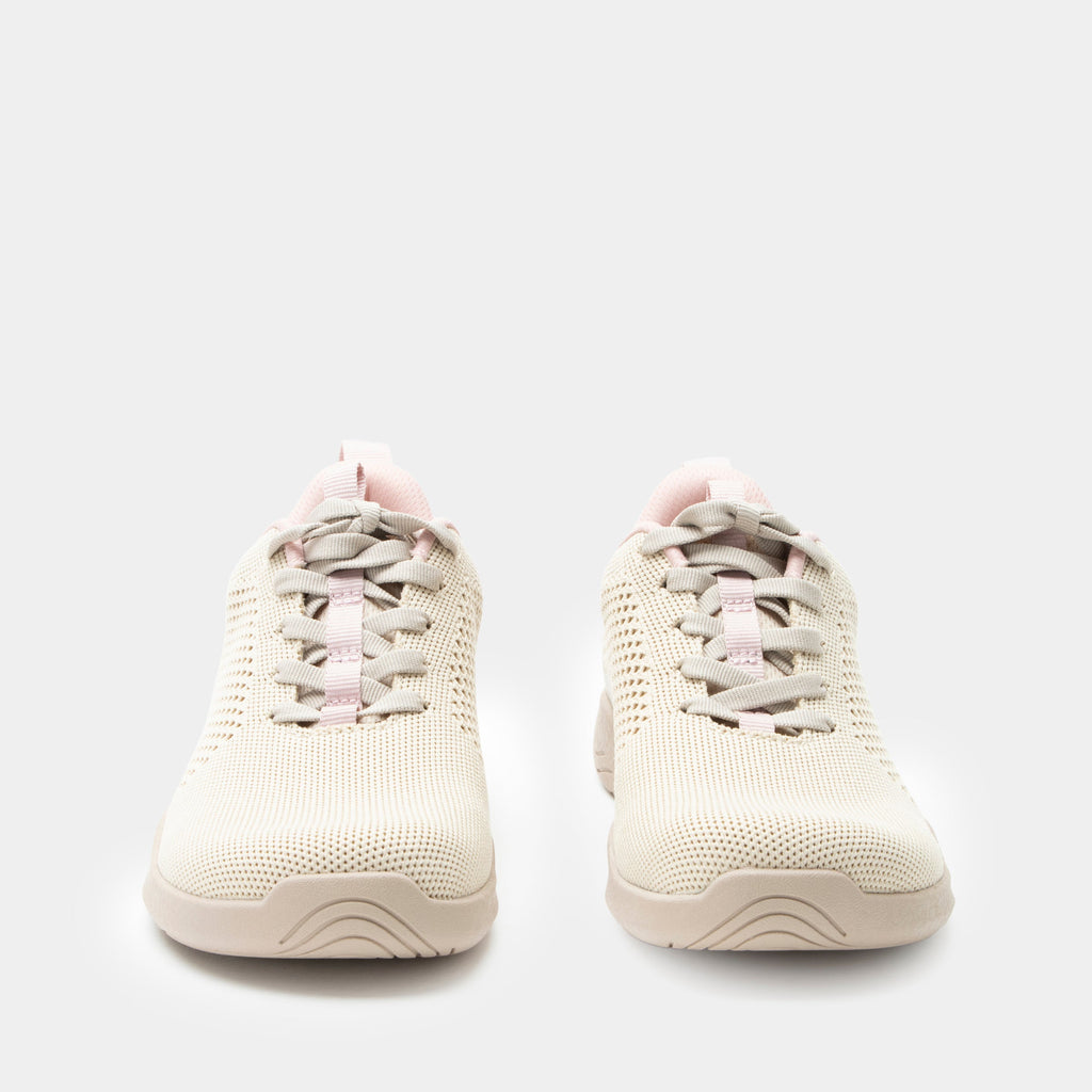 N8ture Blush shoe on a Ergo Flo Lite outsole | Tan lace up shoe with knit upper and a pink lining.