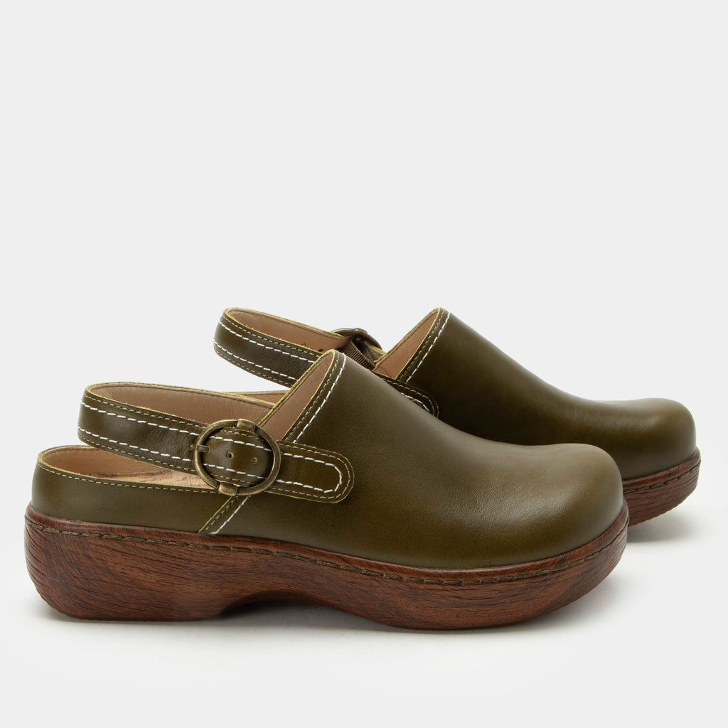 Olie Oliva slip on style shoe on a Wood look rocker outsole |Dark green shoe with leather upper.