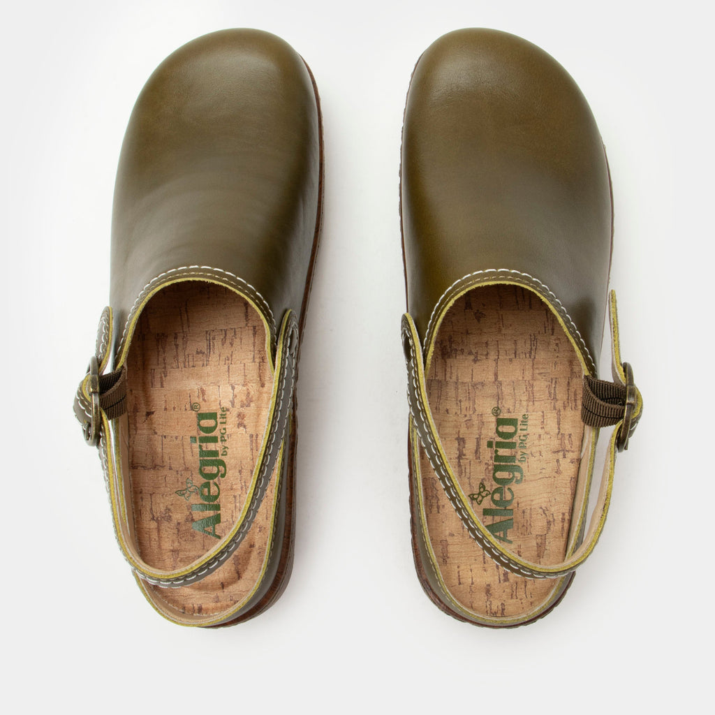 Olie Oliva slip on style shoe on a Wood look rocker outsole |Dark green shoe with leather upper.