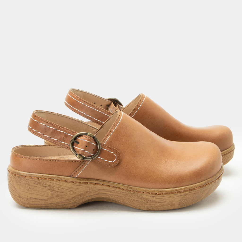 Olie Rancho slip on style shoe on a Wood look rocker outsole | Tan shoe with leather upper.