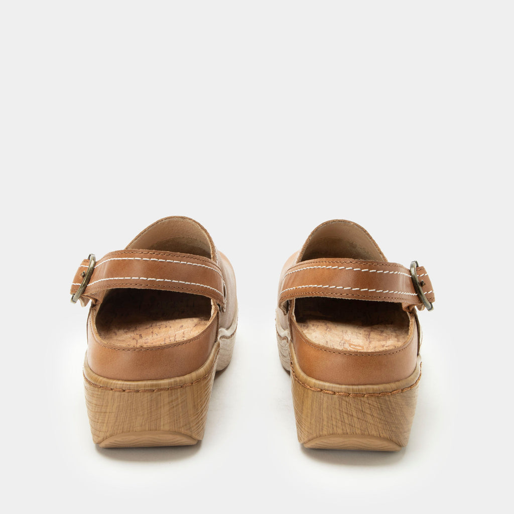 Olie Rancho slip on style shoe on a Wood look rocker outsole | Tan shoe with leather upper.