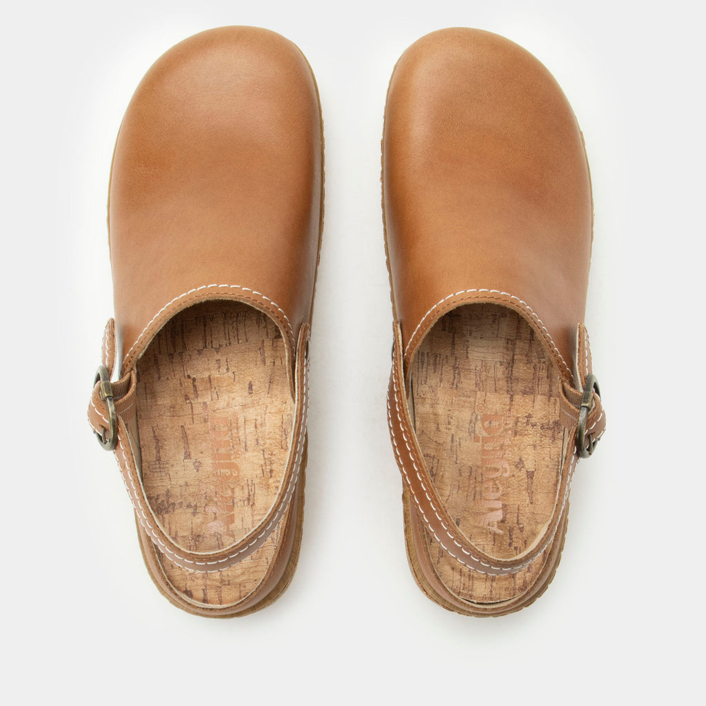 Olie Rancho slip on style shoe on a Wood look rocker outsole | Tan shoe with leather upper.