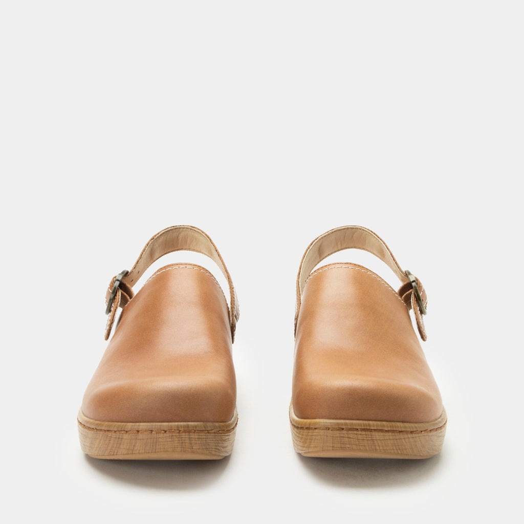 Olie Rancho slip on style shoe on a Wood look rocker outsole | Tan shoe with leather upper.