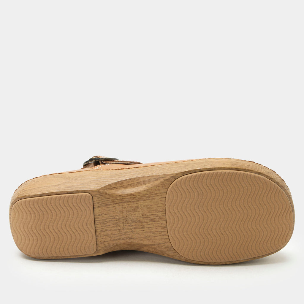 Olie Rancho slip on style shoe on a Wood look rocker outsole | Tan shoe with leather upper.