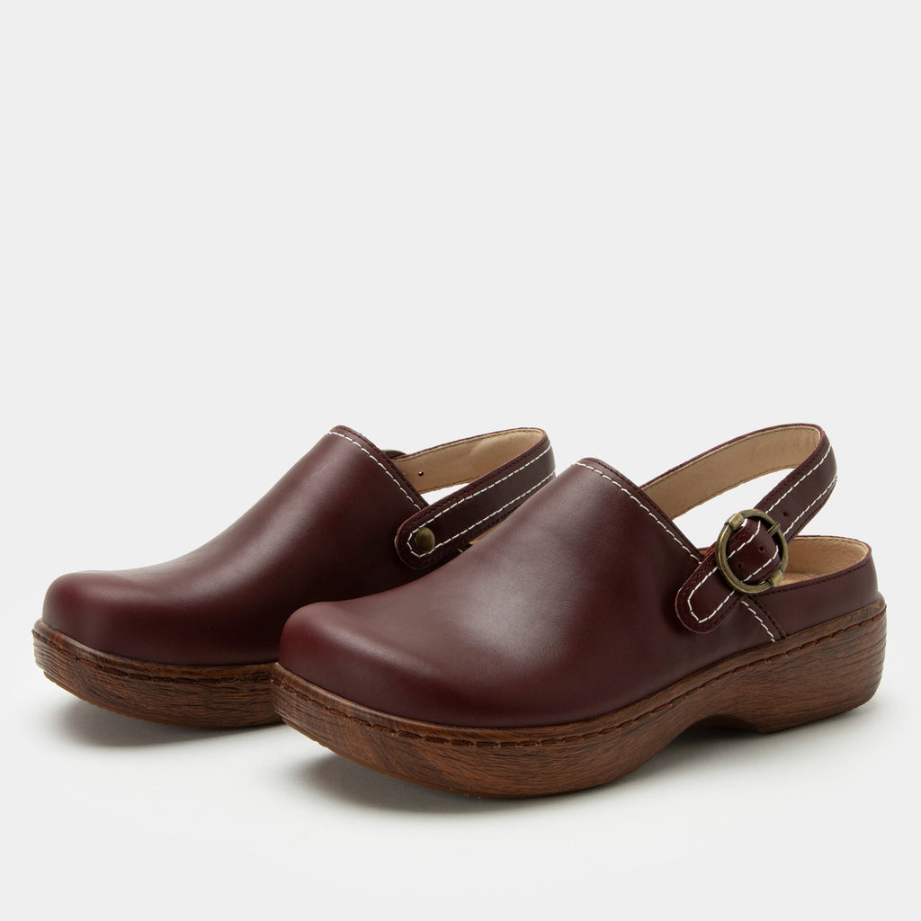 Olie Bacca slip on style shoe on a Wood look rocker outsole |Brown shoe with leather upper.