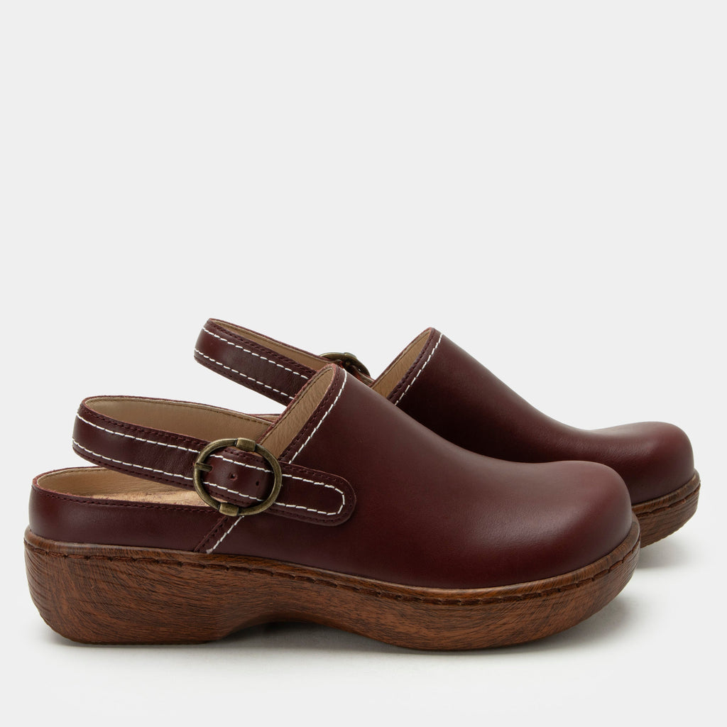 Olie Bacca slip on style shoe on a Wood look rocker outsole |Brown shoe with leather upper.