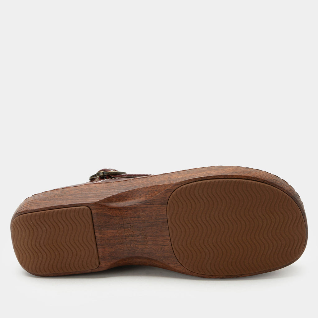 Olie Bacca slip on style shoe on a Wood look rocker outsole |Brown shoe with leather upper.