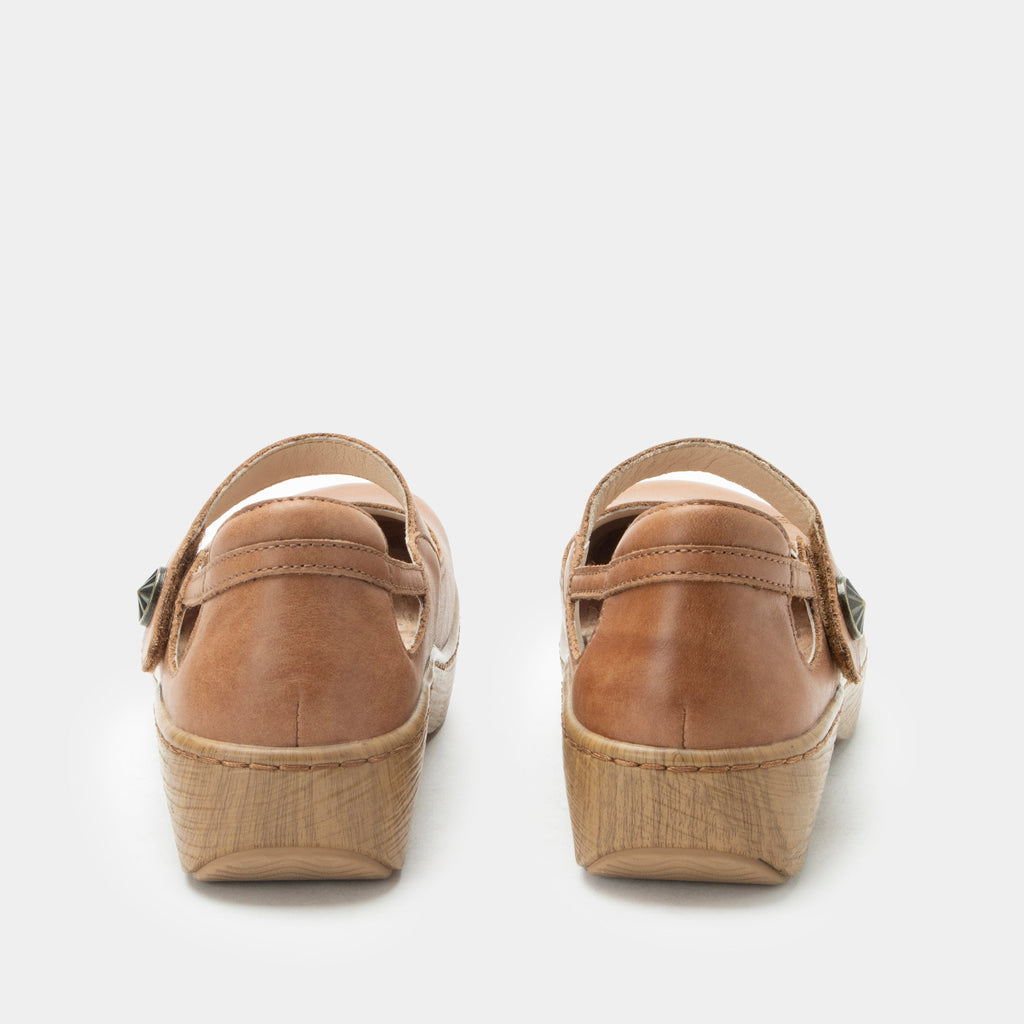 Onika Rancho Shoe on a Wood look rocker outsole |Mary Jane style with a tan leather upper.