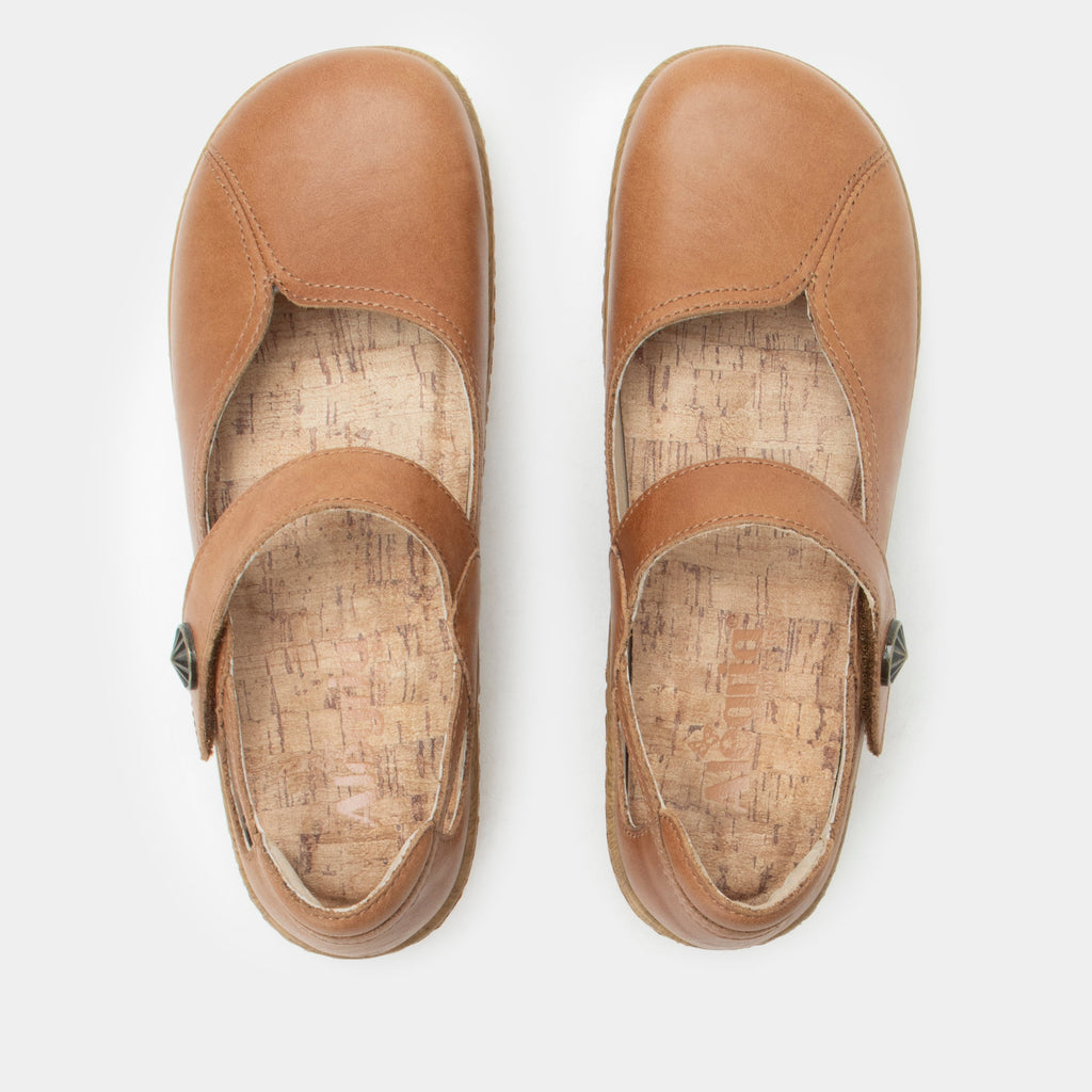 Onika Rancho Shoe on a Wood look rocker outsole |Mary Jane style with a tan leather upper.