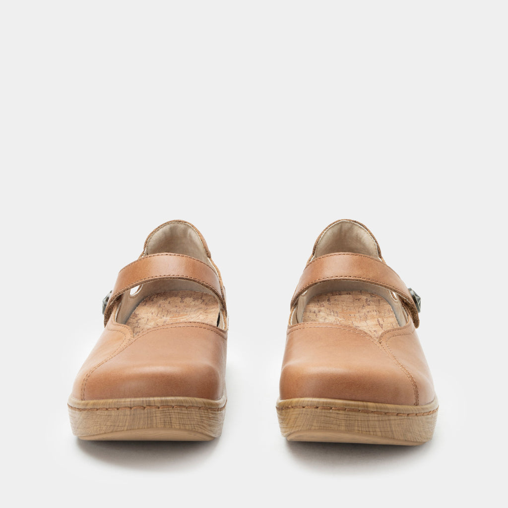 Onika Rancho Shoe on a Wood look rocker outsole |Mary Jane style with a tan leather upper.