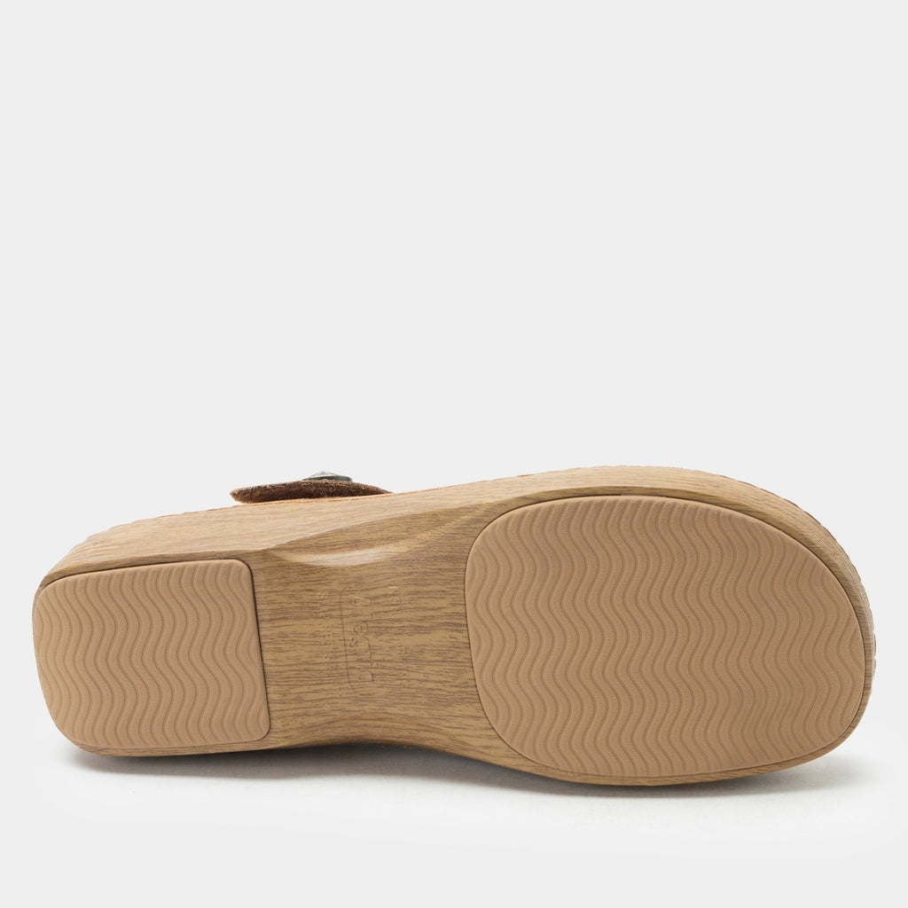 Onika Rancho Shoe on a Wood look rocker outsole |Mary Jane style with a tan leather upper.