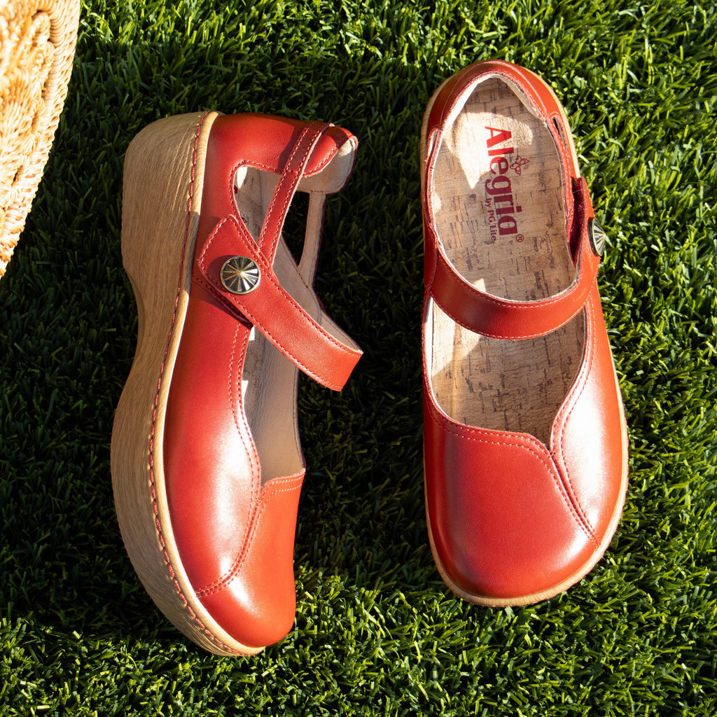 Onika Big Red Shoe on a Wood look rocker outsole |Mary Jane style with a Red leather upper.