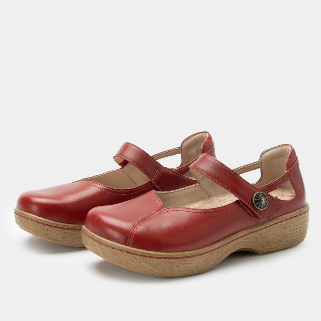 Onika Big Red Shoe on a Wood look rocker outsole |Mary Jane style with a Red leather upper.