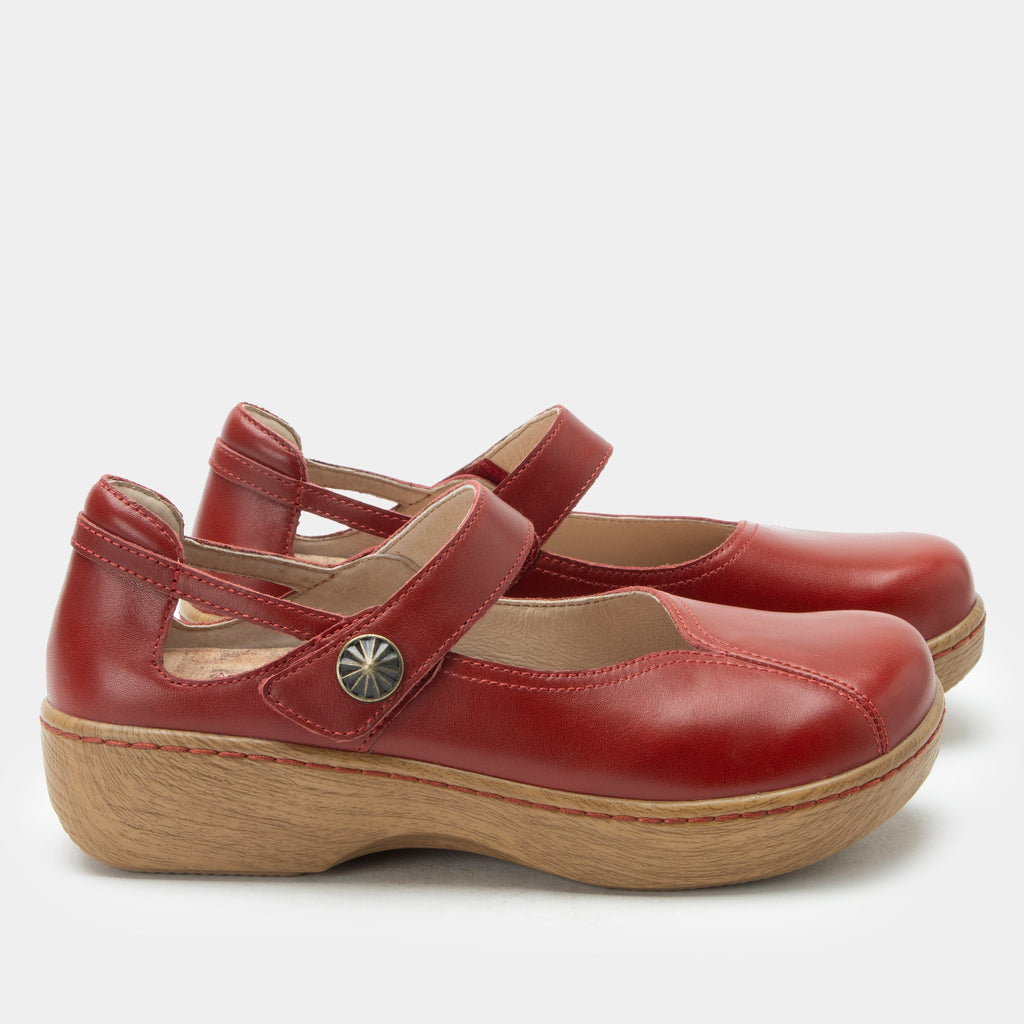 Onika Big Red Shoe on a Wood look rocker outsole |Mary Jane style with a Red leather upper.