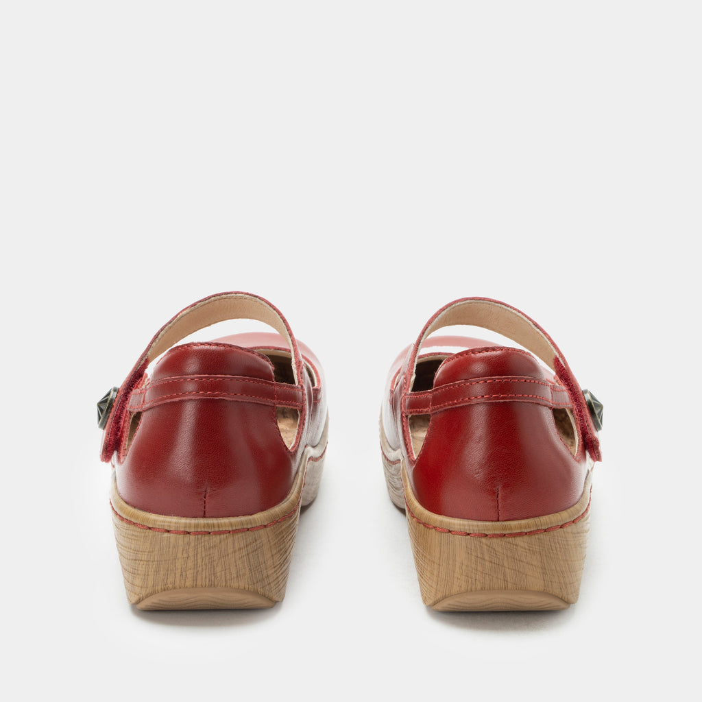 Onika Big Red Shoe on a Wood look rocker outsole |Mary Jane style with a Red leather upper.