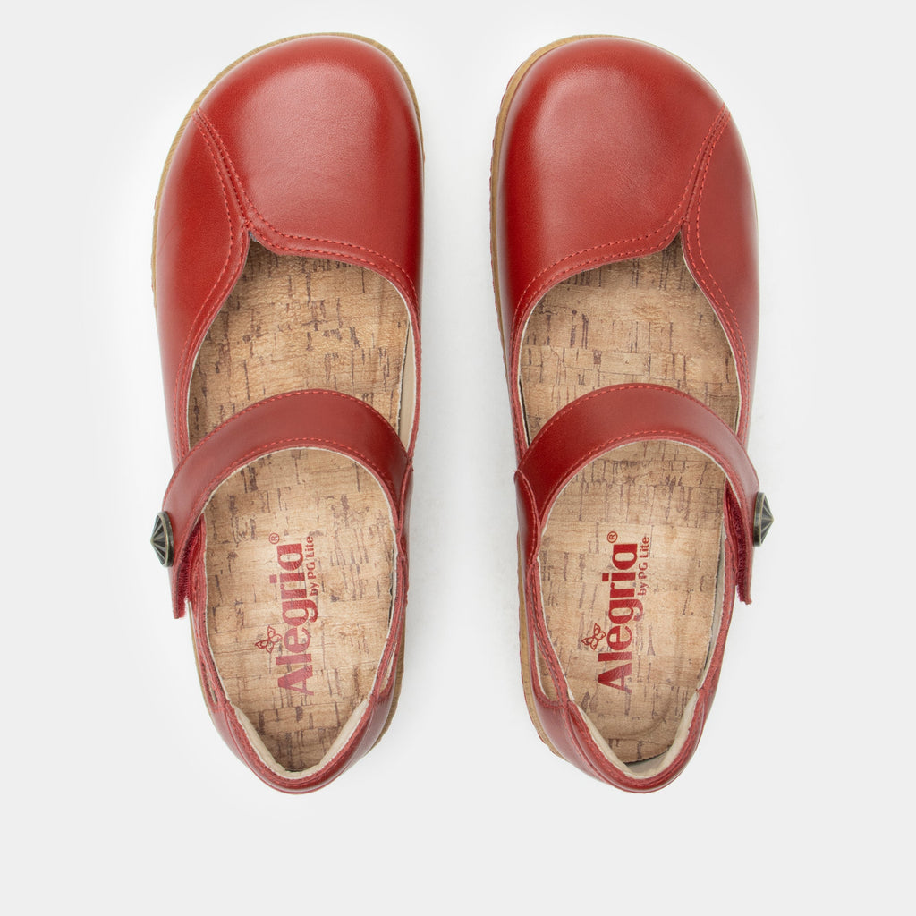 Onika Big Red Shoe on a Wood look rocker outsole |Mary Jane style with a Red leather upper.