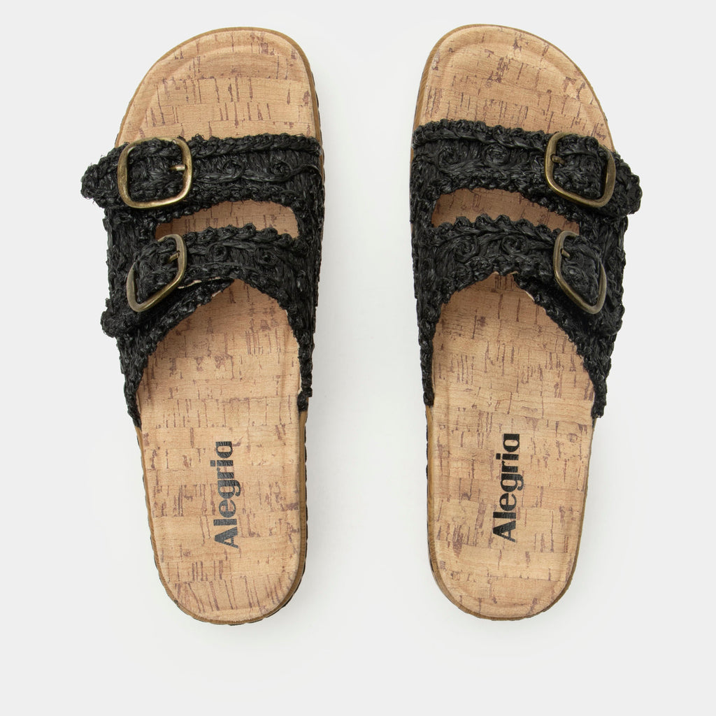 Oona Black sandal on a Wood look rocker outsole | Slide on sandal with two straps and a black braided leather upper.