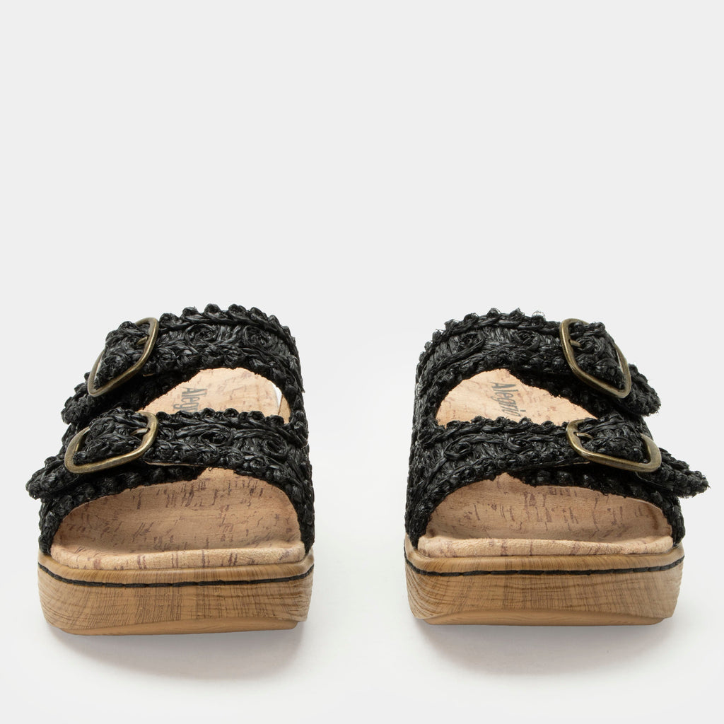 Oona Black sandal on a Wood look rocker outsole | Slide on sandal with two straps and a black braided leather upper.