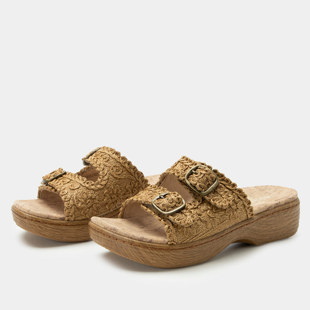 Oona Natural sandal on a Wood look rocker outsole | Slide on sandal with two straps and a tan braided leather upper.