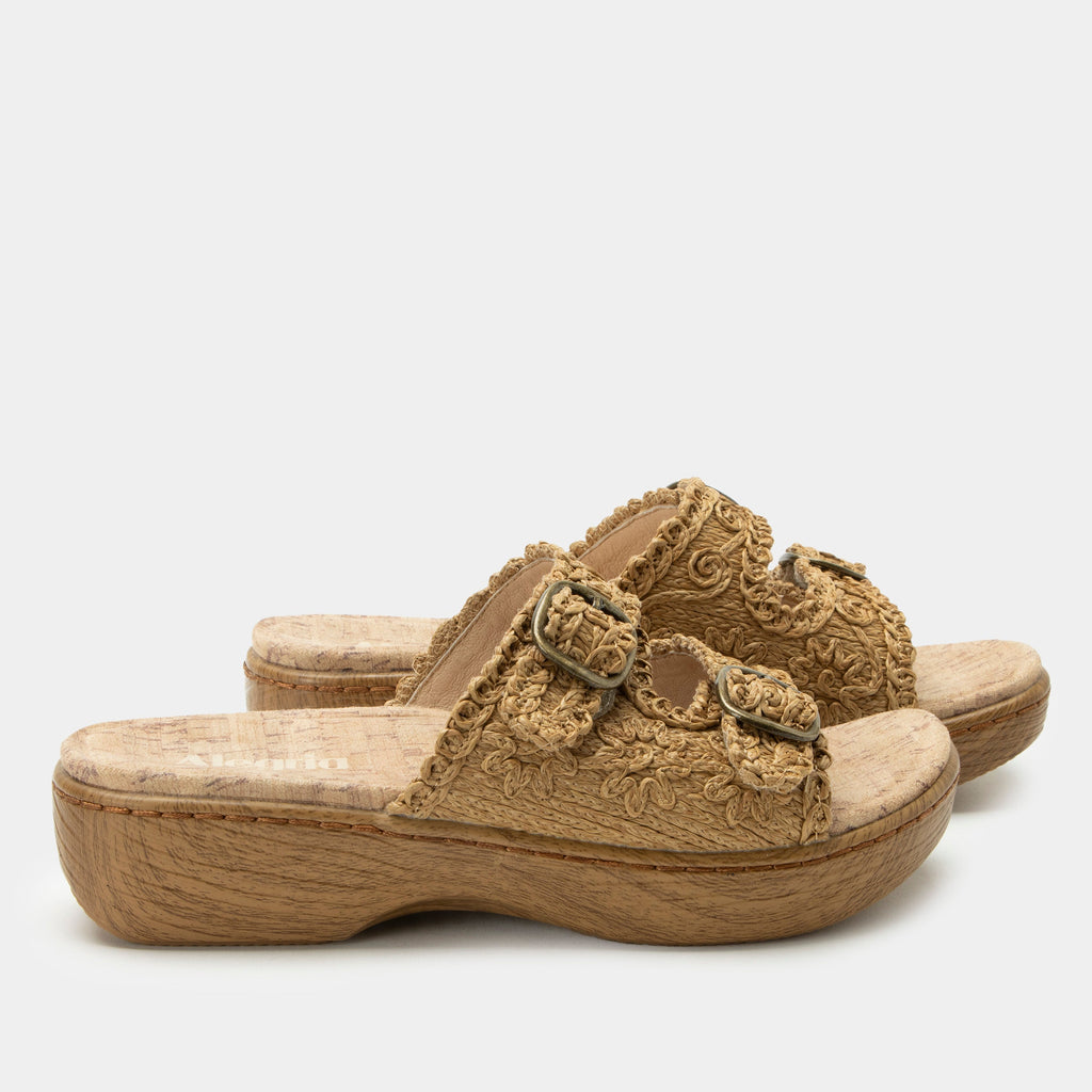 Oona Natural sandal on a Wood look rocker outsole | Slide on sandal with two straps and a tan braided leather upper.