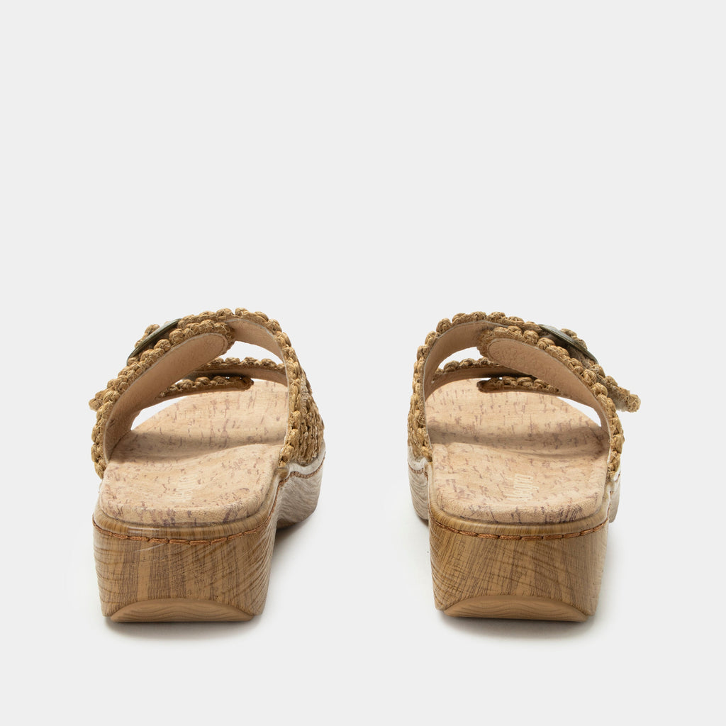 Oona Natural sandal on a Wood look rocker outsole | Slide on sandal with two straps and a tan braided leather upper.