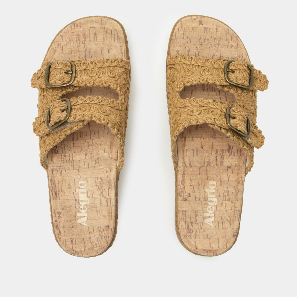 Oona Natural sandal on a Wood look rocker outsole | Slide on sandal with two straps and a tan braided leather upper.