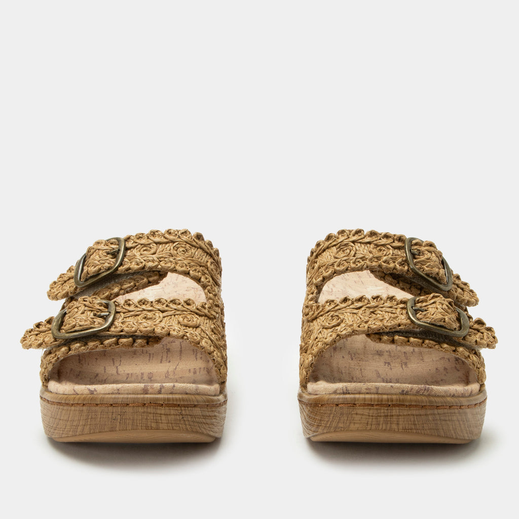 Oona Natural sandal on a Wood look rocker outsole | Slide on sandal with two straps and a tan braided leather upper.