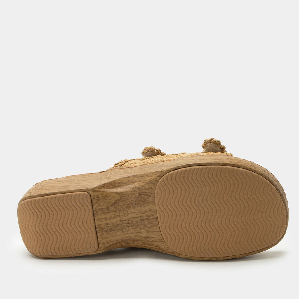 Oona Natural sandal on a Wood look rocker outsole | Slide on sandal with two straps and a tan braided leather upper.