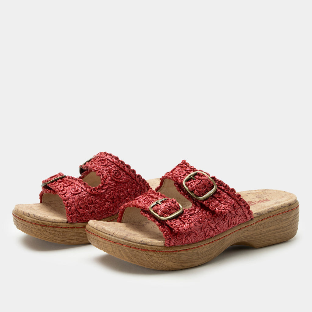 Oona Red sandal on a Wood look rocker outsole | Slide on sandal with two straps and a red braided leather upper.