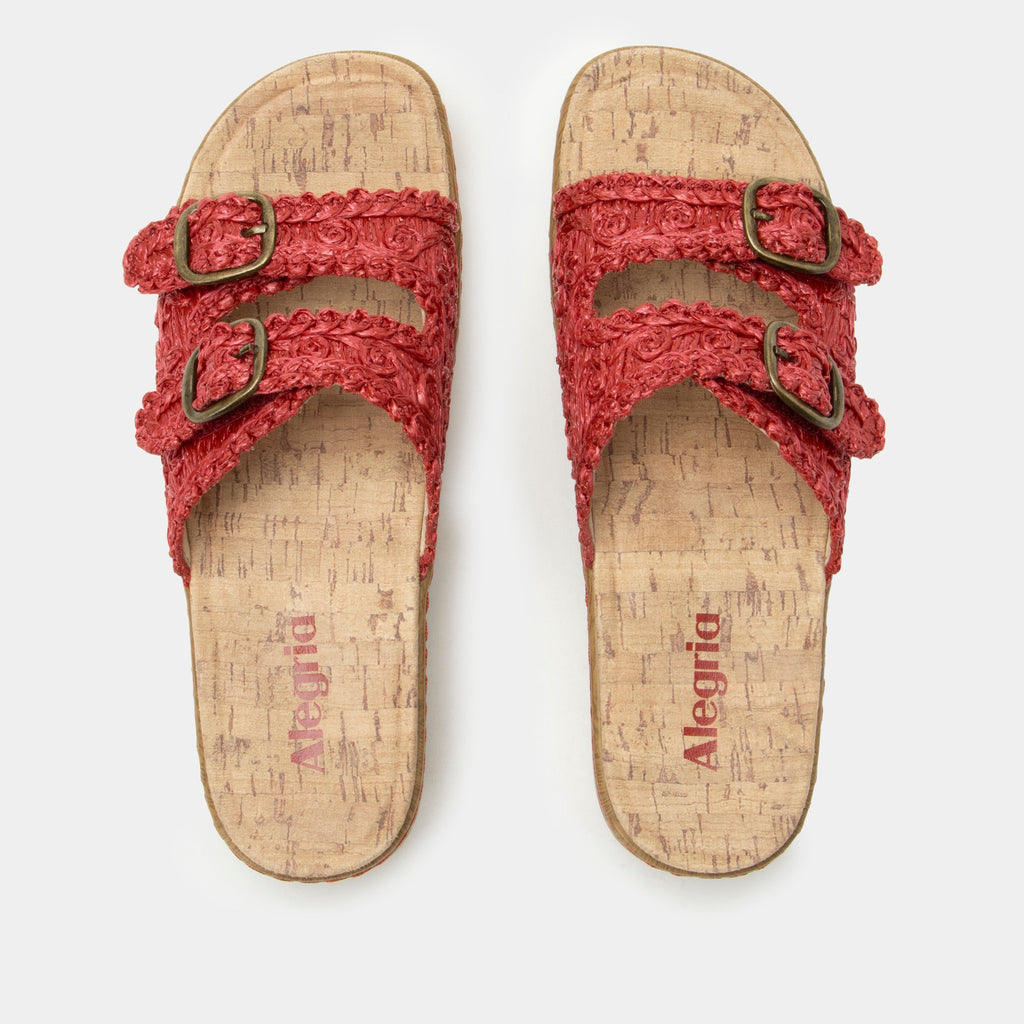 Oona Red sandal on a Wood look rocker outsole | Slide on sandal with two straps and a red braided leather upper.