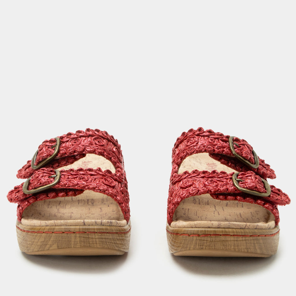 Oona Red sandal on a Wood look rocker outsole | Slide on sandal with two straps and a red braided leather upper.