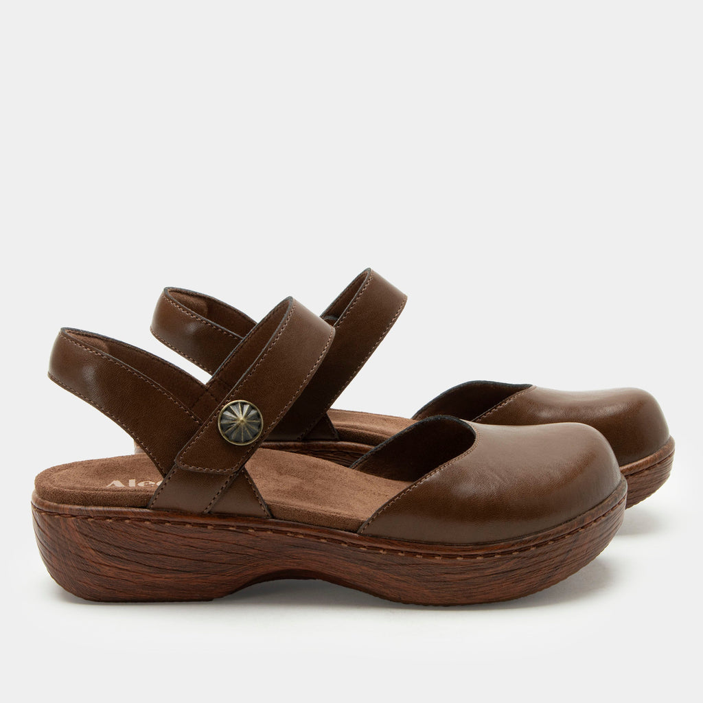 Opal Walnut shoe on a Wood look rocker outsole | Mary jane style with a Brown leather upper.