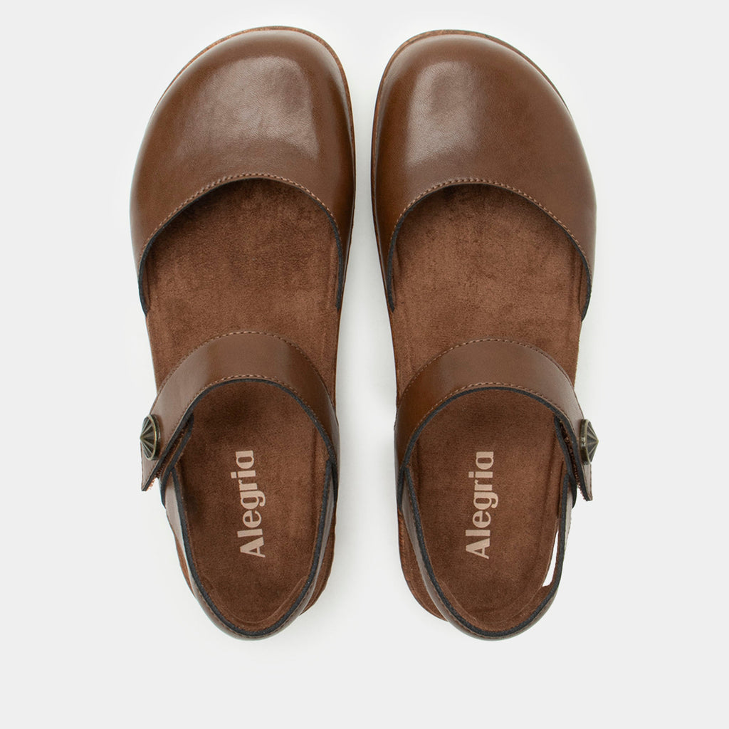 Opal Walnut shoe on a Wood look rocker outsole | Mary jane style with a Brown leather upper.