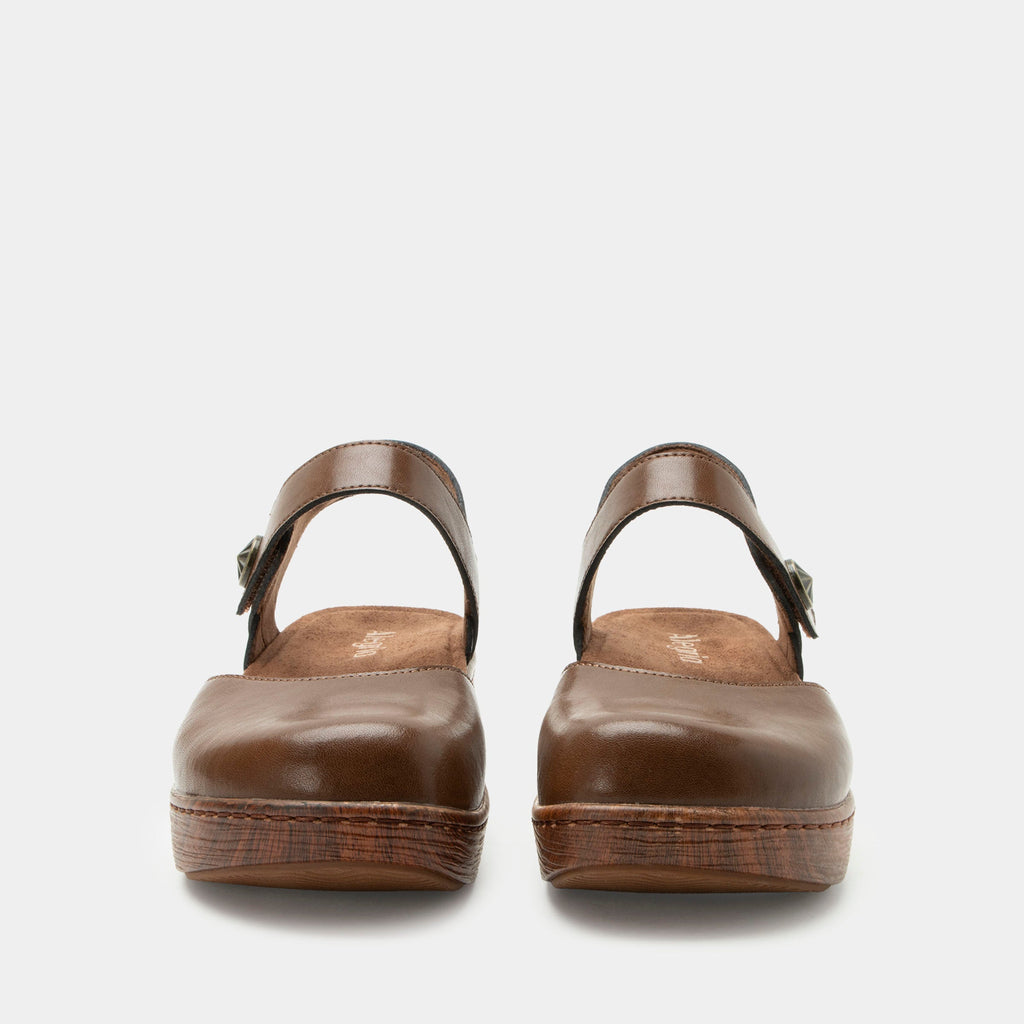 Opal Walnut shoe on a Wood look rocker outsole | Mary jane style with a Brown leather upper.