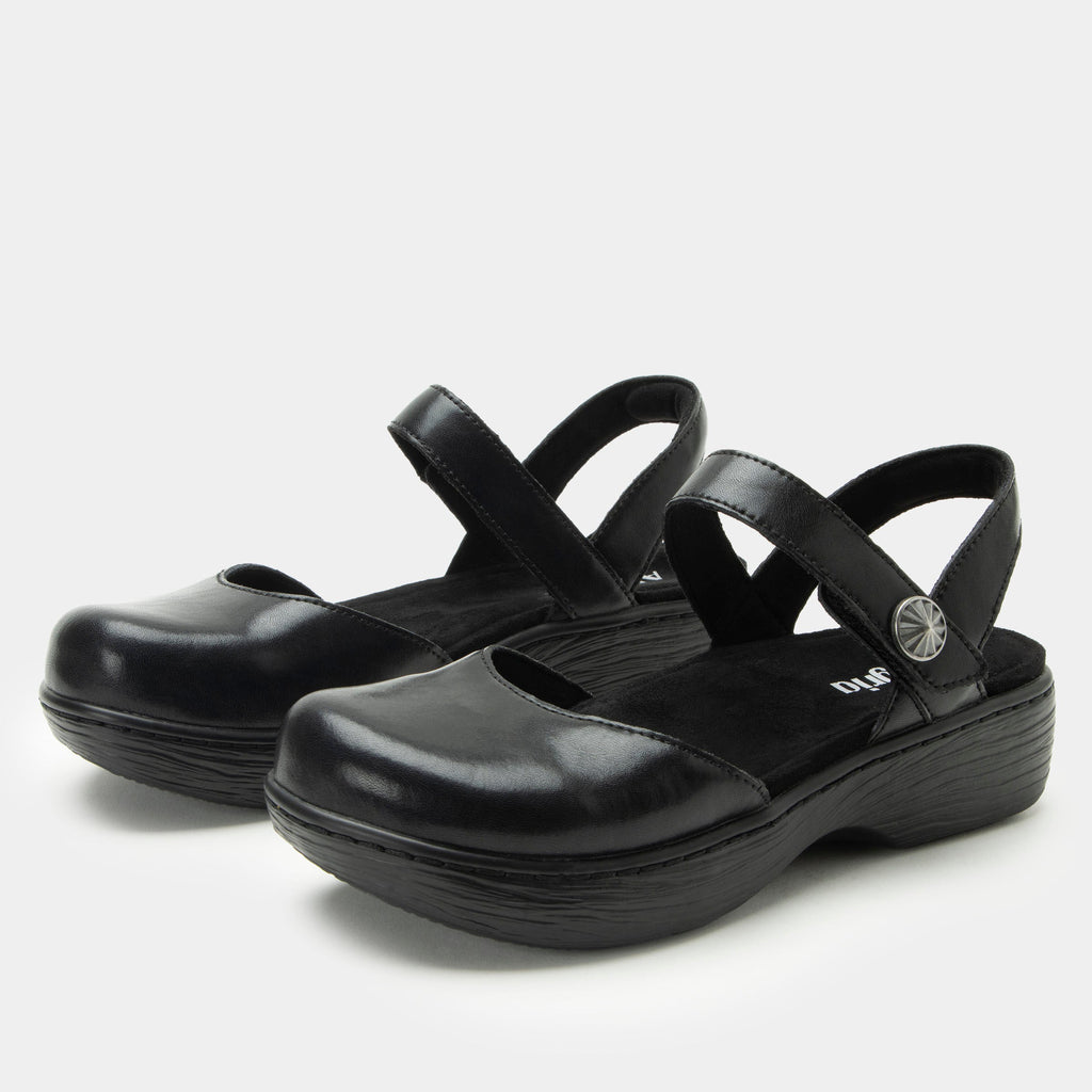 Opal Ink mary jane shoe on a Wood look rocker outsole | Mary jane style with a black leather upper.