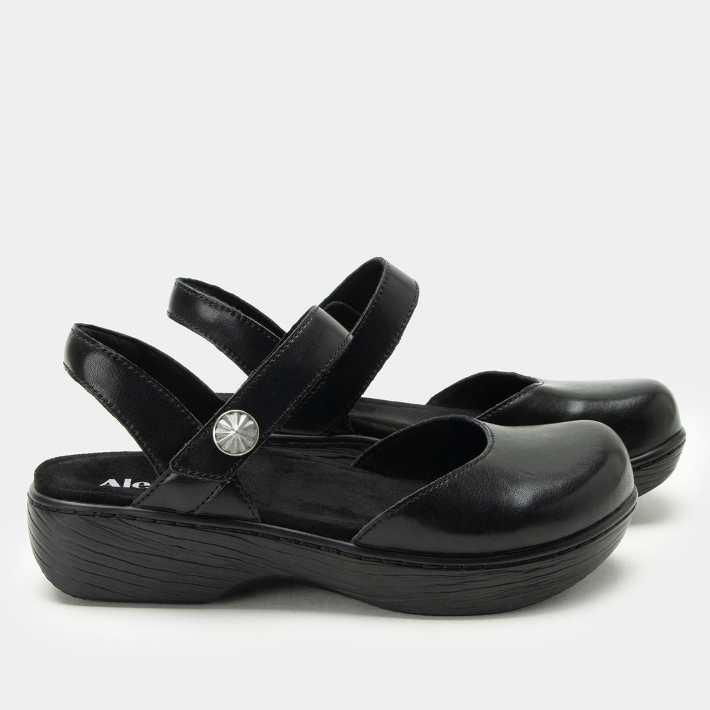 Opal Ink mary jane shoe on a Wood look rocker outsole | Mary jane style with a black leather upper.