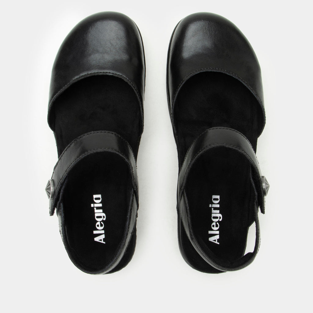 Opal Ink mary jane shoe on a Wood look rocker outsole | Mary jane style with a black leather upper.