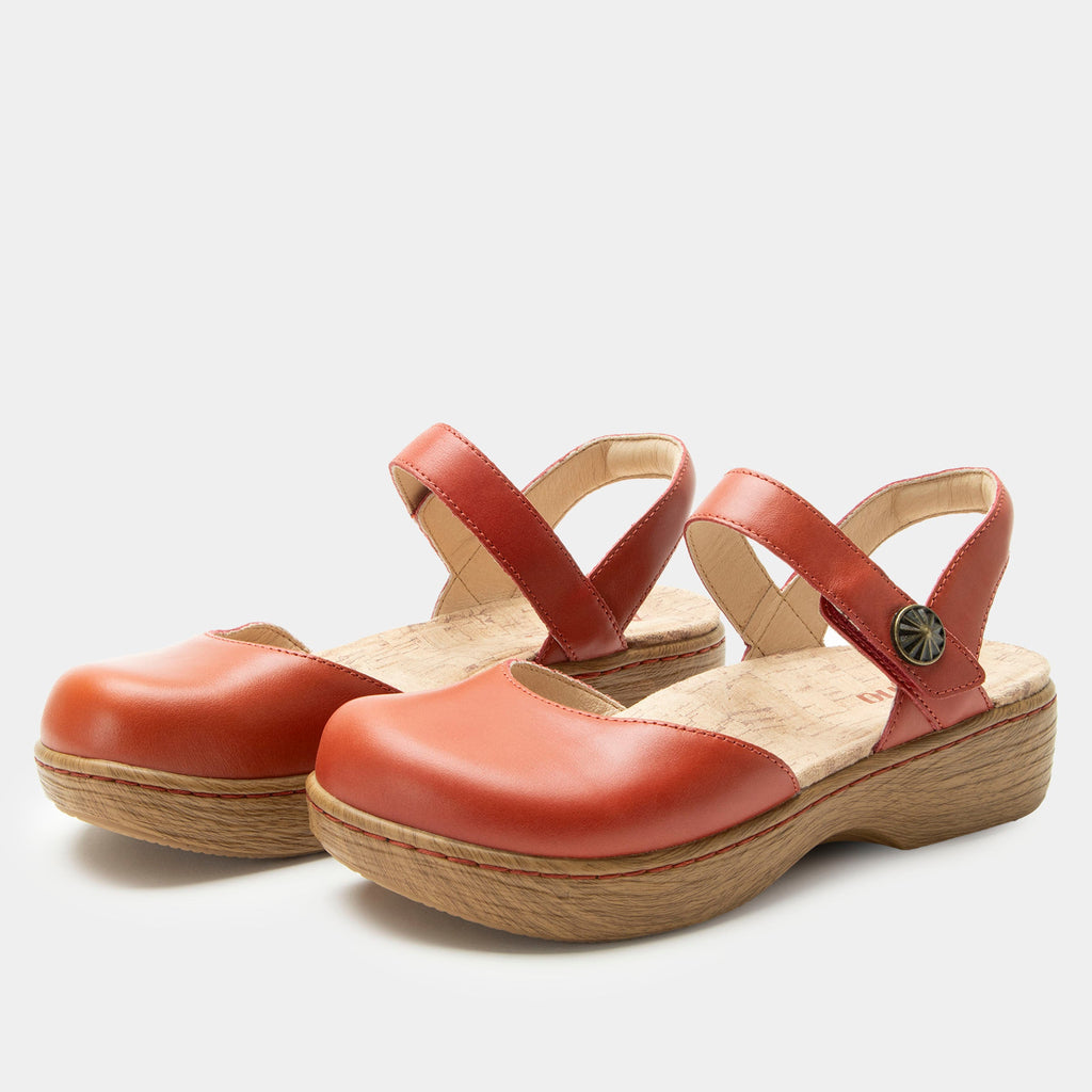 Opal Salmonberry mary jane shoe on a Wood look rocker outsole | Mary jane style with a red leather upper.