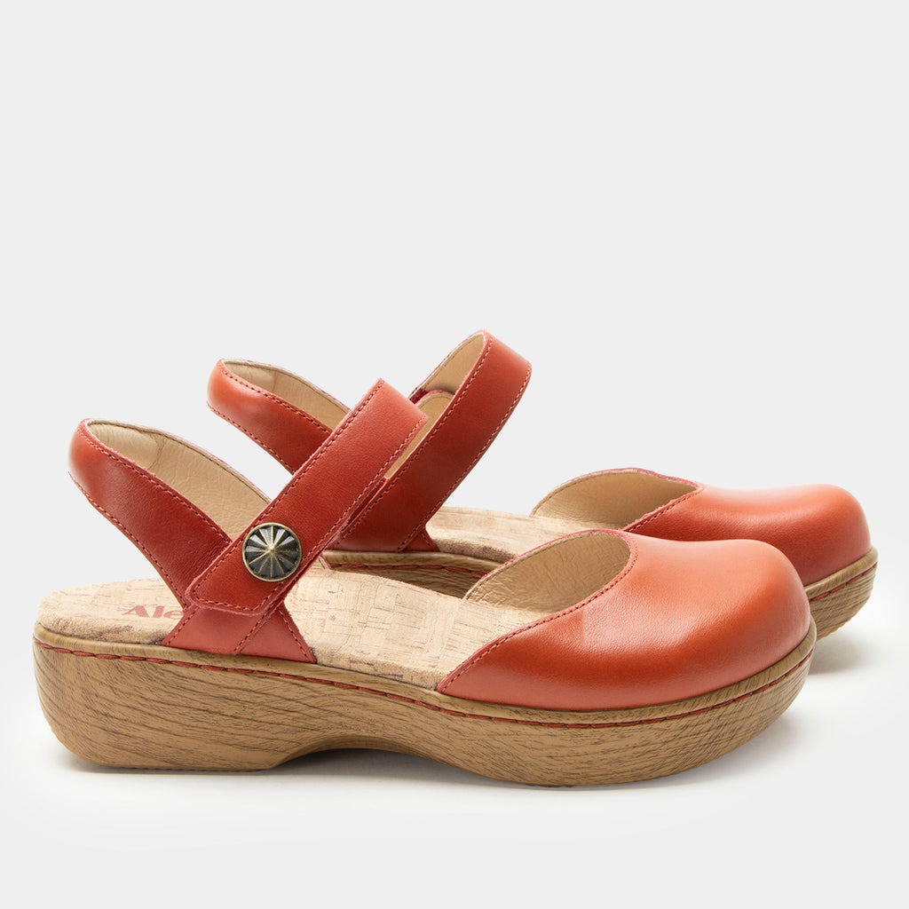 Opal Salmonberry mary jane shoe on a Wood look rocker outsole | Mary jane style with a red leather upper.