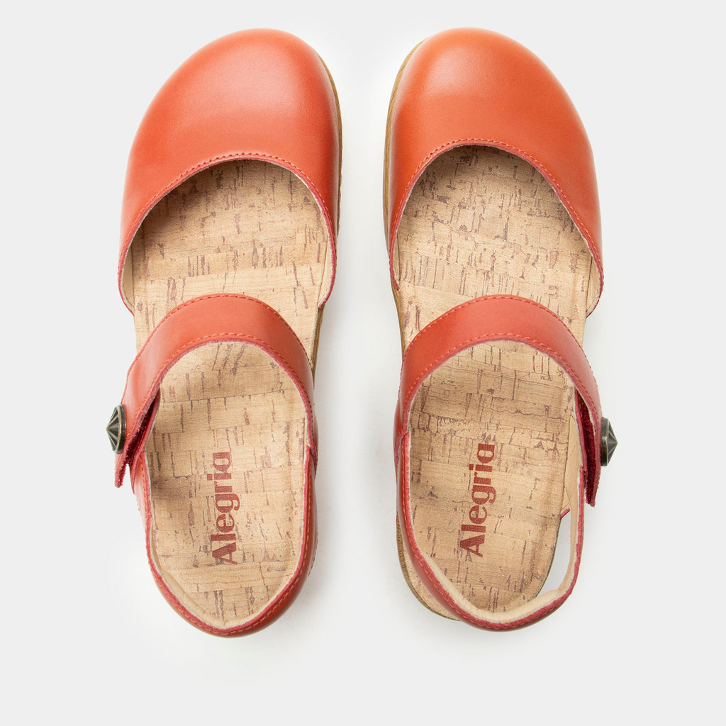 Opal Salmonberry mary jane shoe on a Wood look rocker outsole | Mary jane style with a red leather upper.